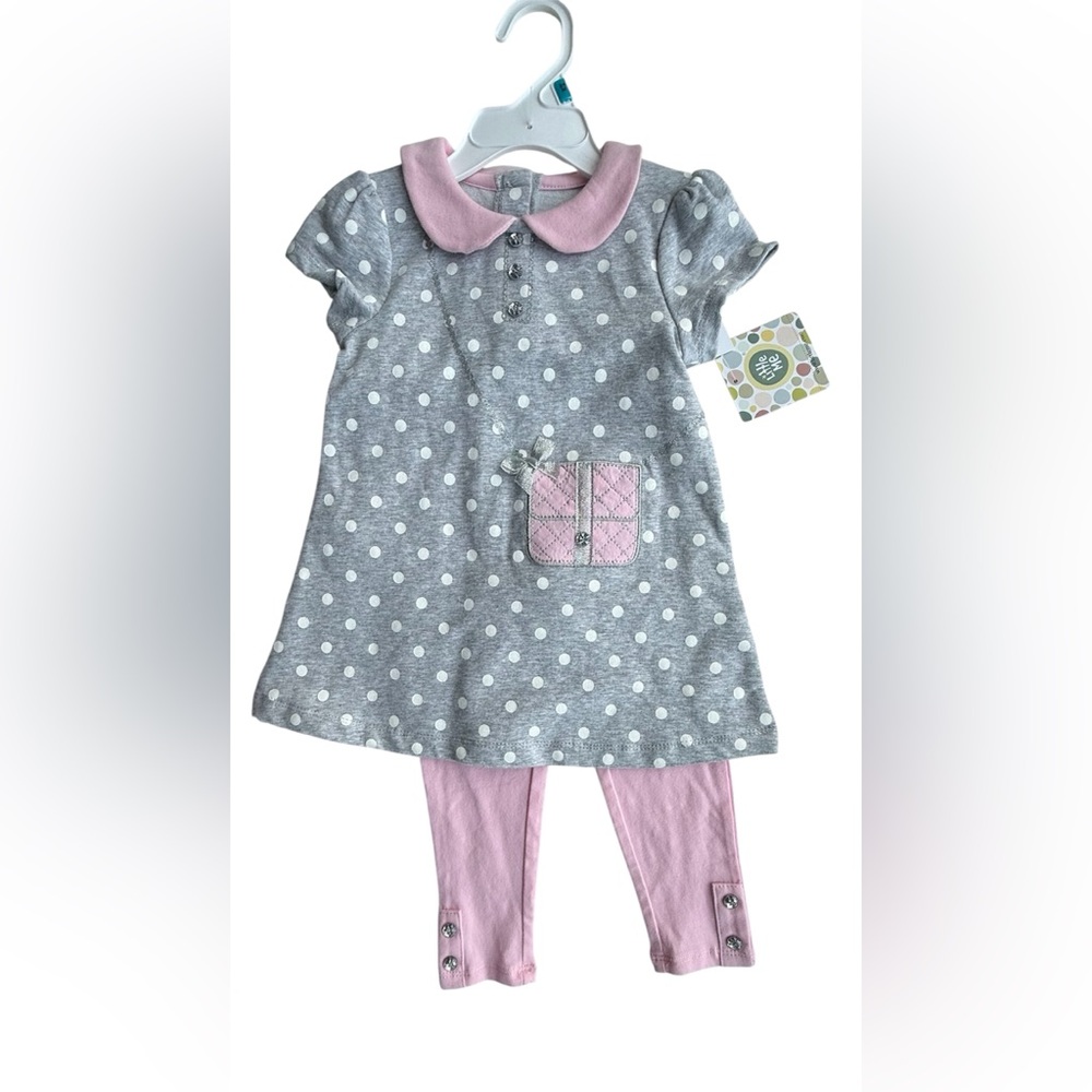 NWT! Little Me girls gray & pink polka dot matching set (size 24 months)